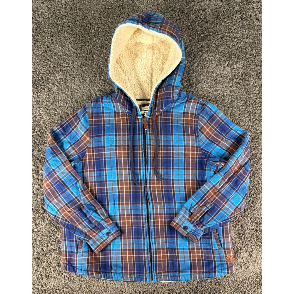 LL Bean Womens Relaxed Fit Sherpa Lined Flannel Hoodie Jacket Blue Brown Plaid L